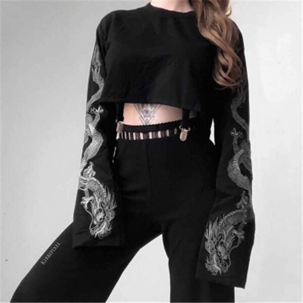 Kinky Cloth 200000348 Dragon Print Flare Sleeve Crop Top