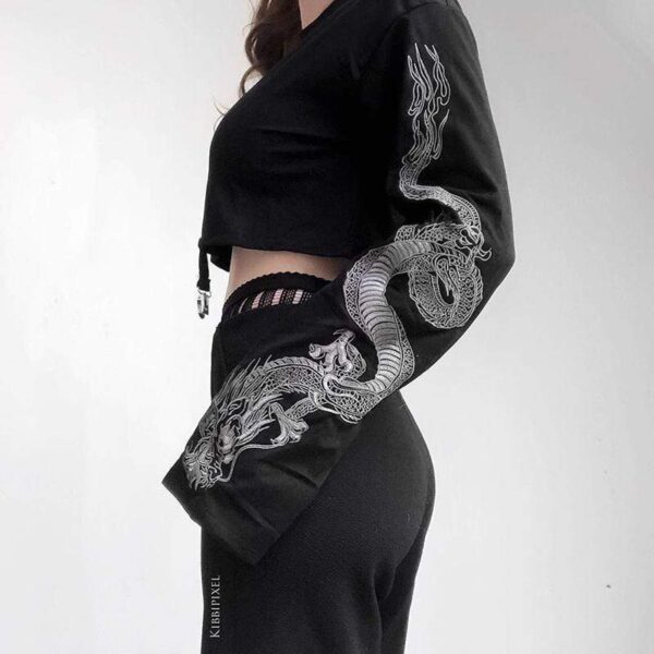 Kinky Cloth 200000348 Dragon Print Flare Sleeve Crop Top