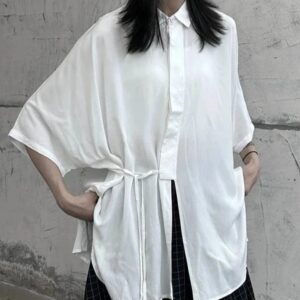 Kinky Cloth Elbow Sleeve Tie Waist Oversized Shirt