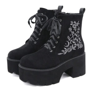 Kinky Cloth Embroidered Suede Chunky Heels Boots