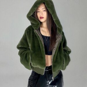 Kinky Cloth Army Green / S Faux Rabbit Fur Bomber Coat