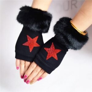 Kinky Cloth Red five-star / One Size Fingerless Knitted Gloves