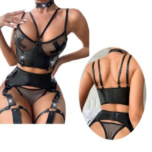 Kinky Cloth Fishnet PU Leather Lingerie Set