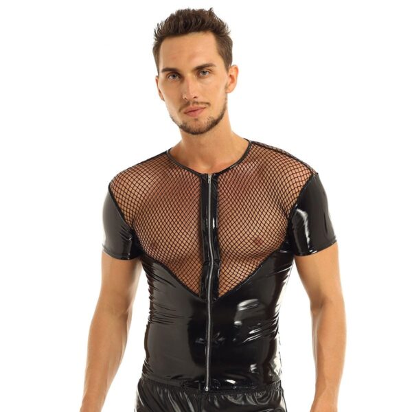 Kinky Cloth M Fishnet Splice Wetlook Shirt Tops