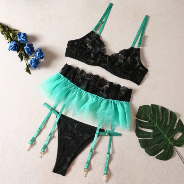 Kinky Cloth black green / S Floral Garter Lingerie Set