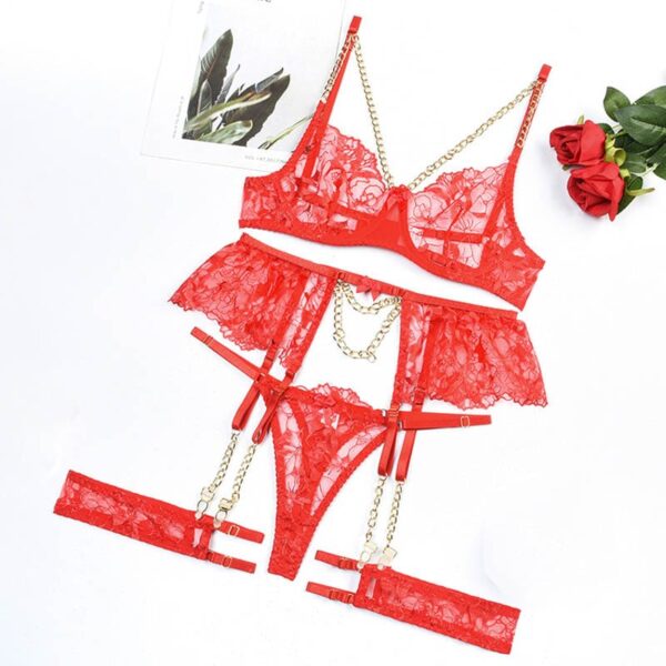 Kinky Cloth Red / S(32or70ABC) Floral Lace Chain Lingerie Set