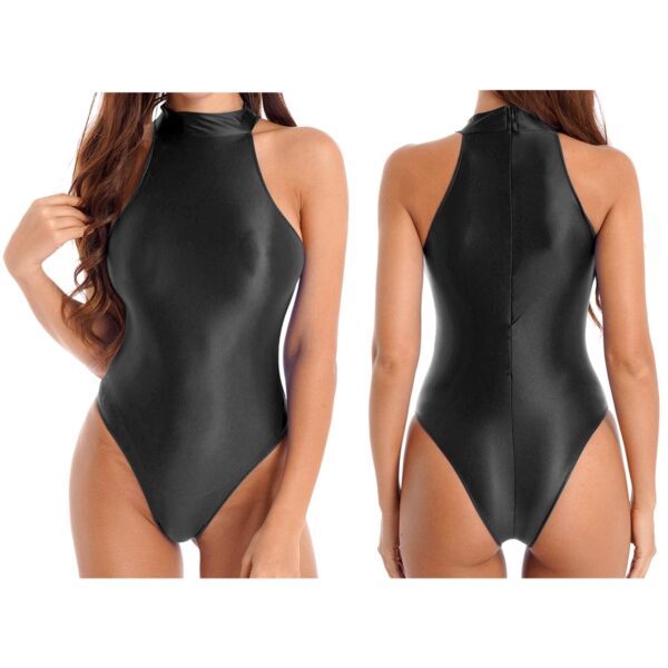 Kinky Cloth Black / M Glossy Mock Neck Back Leotard