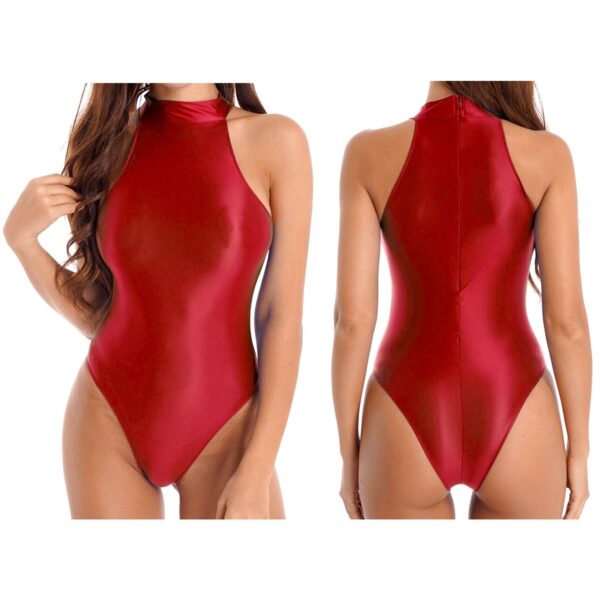 Kinky Cloth Red / M Glossy Mock Neck Back Leotard