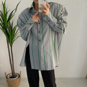 Kinky Cloth Green Striped Slit Oversized Blouse