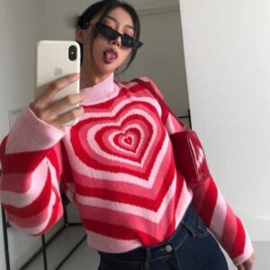 Kinky Cloth Long Sleeve Red / S Heart Striped Knitted Top