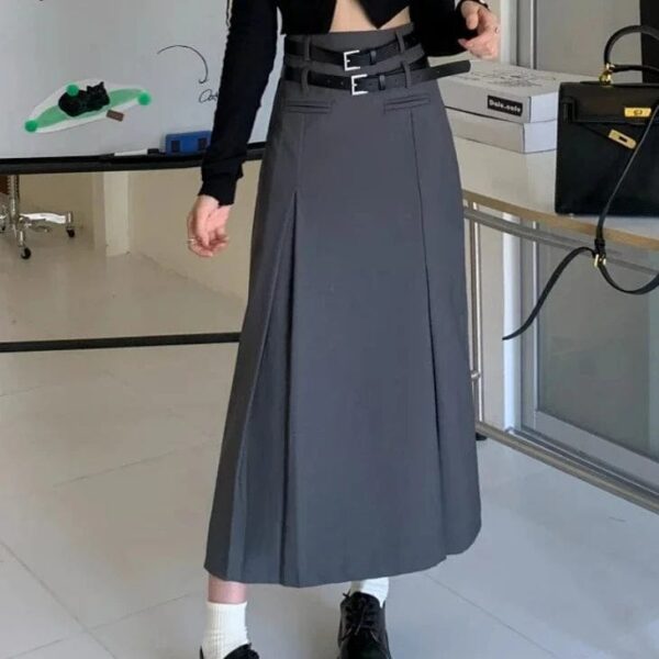 Kinky Cloth Grey No Belt / S High Waist Pleated Long Skirt