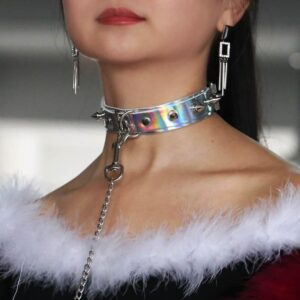 Kinky Cloth Necklace Holographic Spiked Collar and Leash