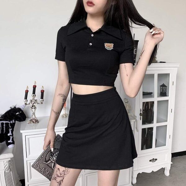 Kinky Cloth 200003494 InsGoth Harajuku Casual Women Two Piece Sets Summer Kawai Print Black Crop T-shirts Mini SKirt Female Sets Gothic Streetwear Set