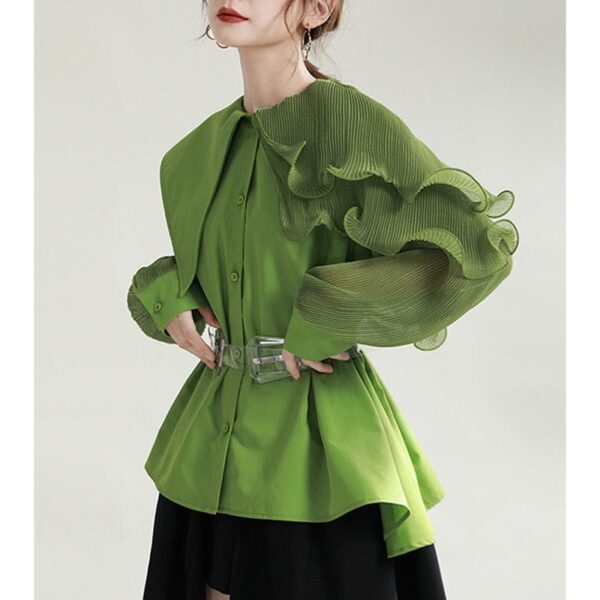 Kinky Cloth Green / S Irregular Ruffle Panel Blouse