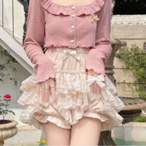 Kinky Cloth Kawaii Bow Lace Ruffle Skirt