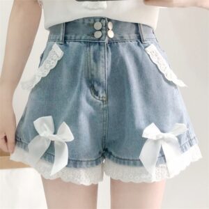 Kinky Cloth Lace Hem Bow Denim Shorts