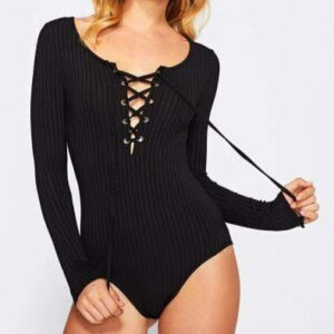 Spocket Bodysuit Lace Up Ribbed Bodysuit