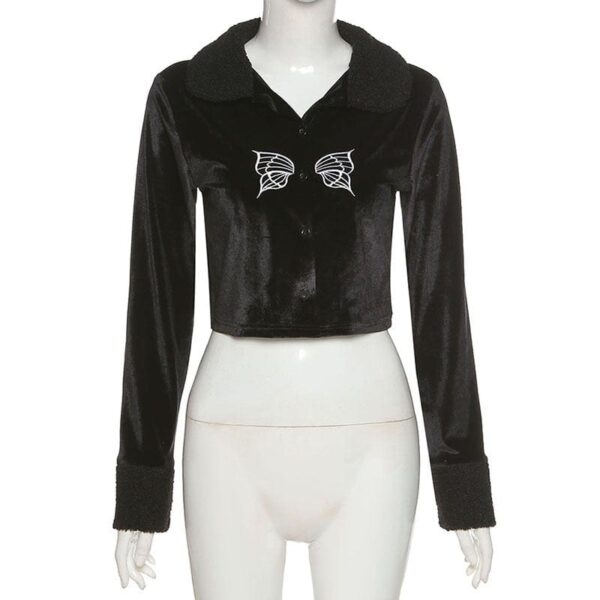 Kinky Cloth Black / S Lambswool Collar Butterfly Embroidery Top