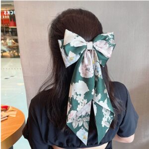 Kinky Cloth Green 2 Large Satin Printed Bow Hairpins