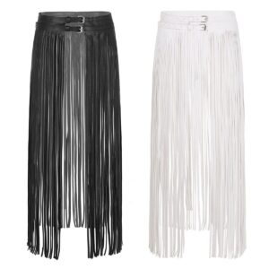 Kinky Cloth Leather Buckles Long Fringe Skirt