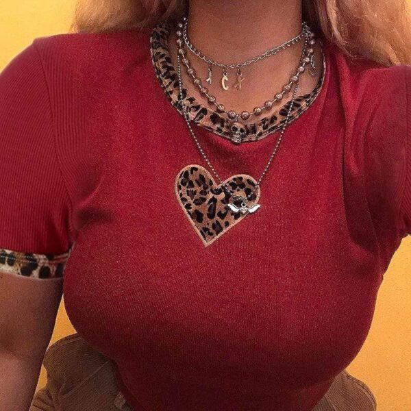 Kinky Cloth 200000791 Leopard Print Patchwork Heart Ribbed T-Shirt