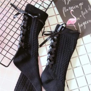 Kinky Cloth 200000866 Black Back Strap Lolita Lace Up Bowknot Socks