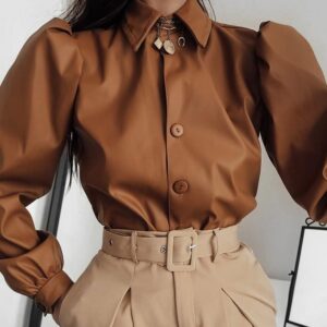 Kinky Cloth 200000346 Brown / S Long Puff Sleeve PU Leather Blouse