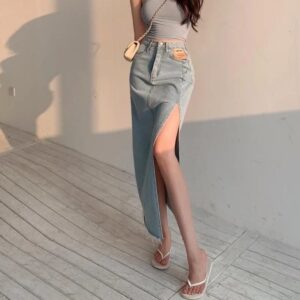 Kinky Cloth Blue / XS Long Slit Denim Skirt