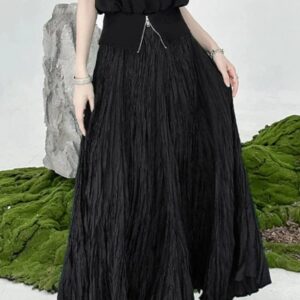 Kinky Cloth Black / One Size Loose Pleated Thin Skirt