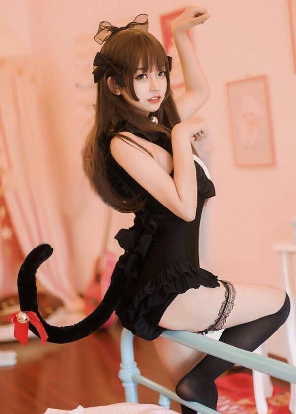 Kinky Cloth lingerie S / Red Suit/ White Tail Maid Cat One Piece/Lingerie and Tail