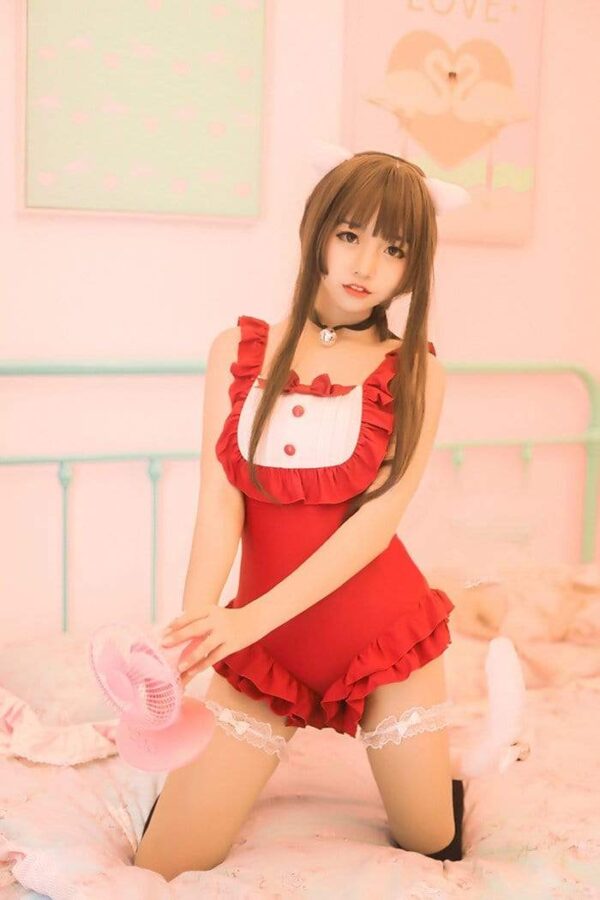 Kinky Cloth lingerie S / Red Suit/ White Tail Maid Cat One Piece/Lingerie and Tail