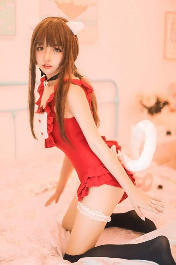 Kinky Cloth lingerie S / Red Suit/ White Tail Maid Cat One Piece/Lingerie and Tail