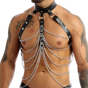 Kinky Cloth 200000298 Mens Metal Chain Leather Chest Harness