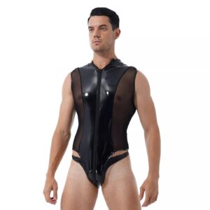 Kinky Cloth Mesh Splice Shiny Bodysuit