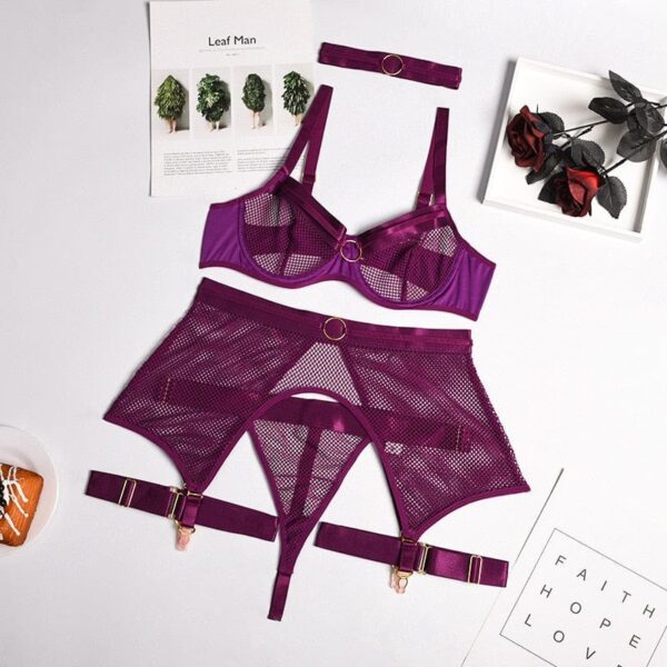 Kinky Cloth 4-piece purple / S Mesh Underwire Bra Set