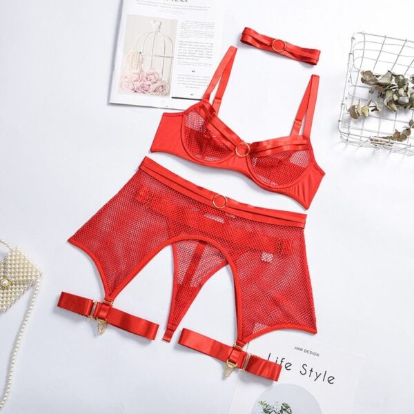 Kinky Cloth 4-piece red / S Mesh Underwire Bra Set