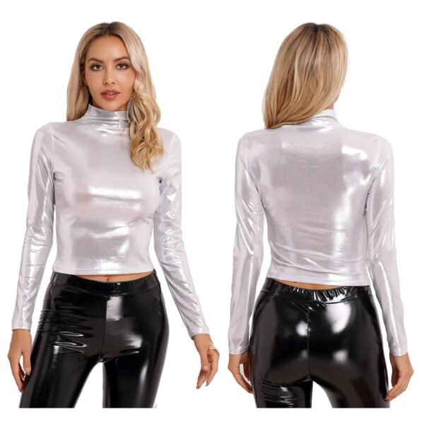 Kinky Cloth Silver / S Metallic Shiny Long Sleeve Top