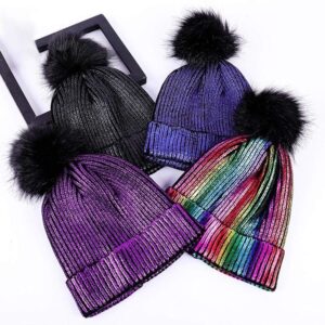 Kinky Cloth 200000447 Mink Fox Fur Ball Shiny Knitted Beanies