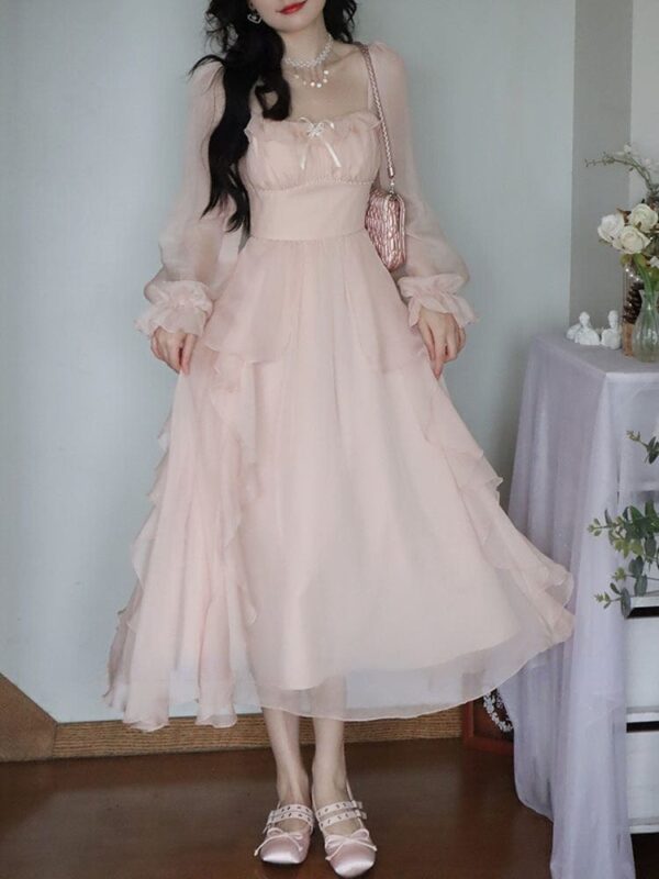 Kinky Cloth Pink Chiffon Vintage Sweet Dress Women A-Line France Elegant Party Midi Dress Female Korean Style Flare Sleeve Dress Summer 2023