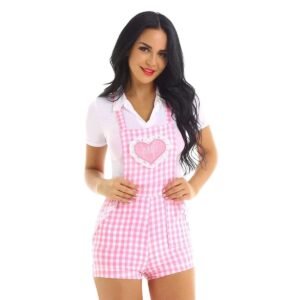 Kinky Cloth Bodysuit Pink Plaid Overalls