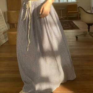 Kinky Cloth Plaid Drawstring Long Skirt