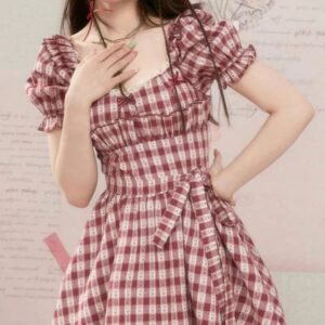 Kinky Cloth Red / S Red Plaid Puff Sleeve Dress