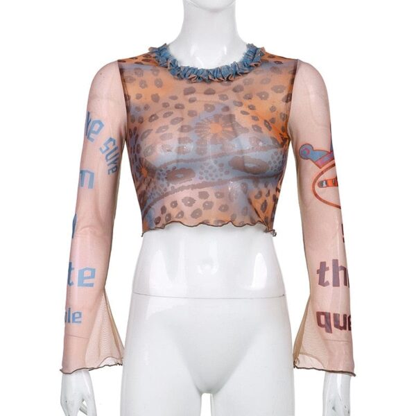 Kinky Cloth khaki / S Retro Pattern Mesh Cropped Top