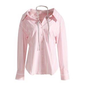 Kinky Cloth Pink / S Rhinestones Striped Loose Blouse