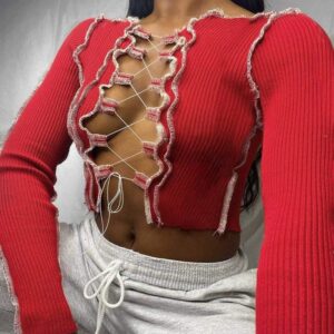 Kinky Cloth 200000791 Ribbed Patchwork Lace Up Crop Top