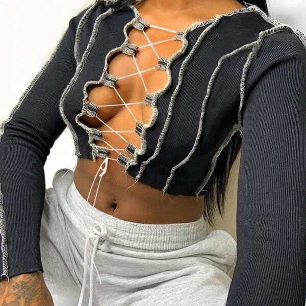 Kinky Cloth 200000791 Ribbed Patchwork Lace Up Crop Top