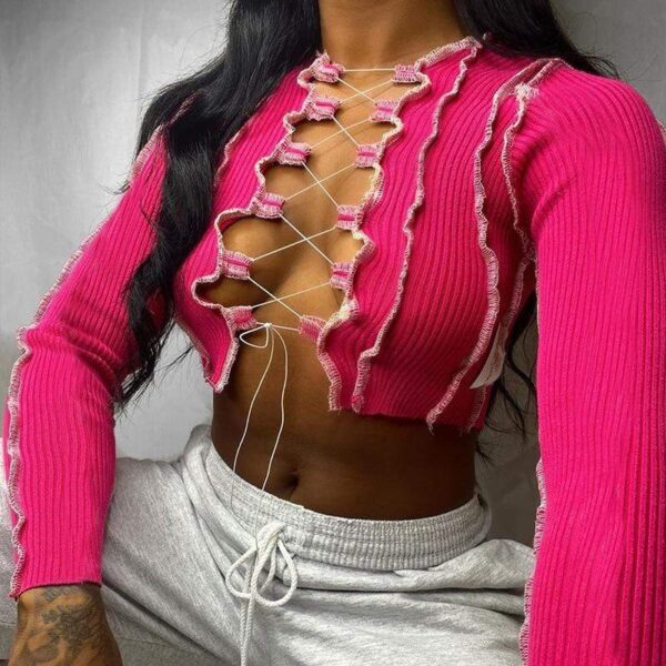 Kinky Cloth 200000791 Pink / S Ribbed Patchwork Lace Up Crop Top