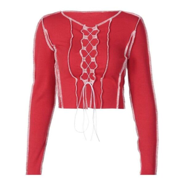 Kinky Cloth 200000791 Red / S Ribbed Patchwork Lace Up Crop Top