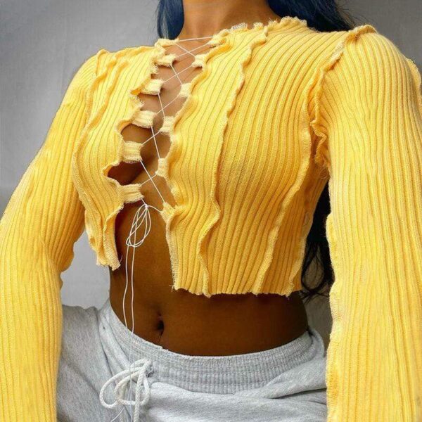 Kinky Cloth 200000791 Yellow / S Ribbed Patchwork Lace Up Crop Top