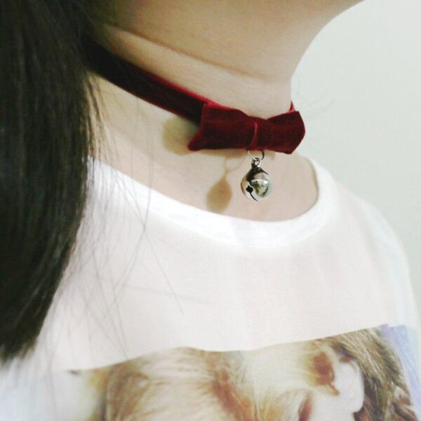 Kinky Cloth 200000162 Red Bowknot Bell / Silver Ribbon Bell Pendant Velvet Choker